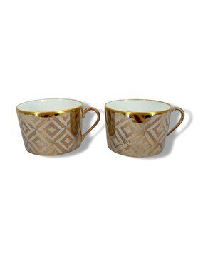 Puiforcat Sumatra Paul Judicone Hand-Painted Gold Porcelain Tea Cups Set Of 2